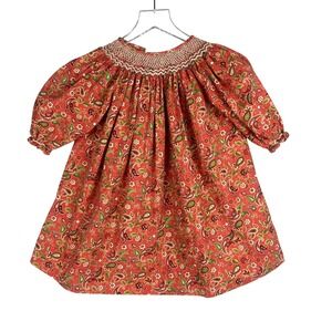 Bow Peep Smocked Bishop Dress Kids 2T Paisley Floral Red Green Vintage Style